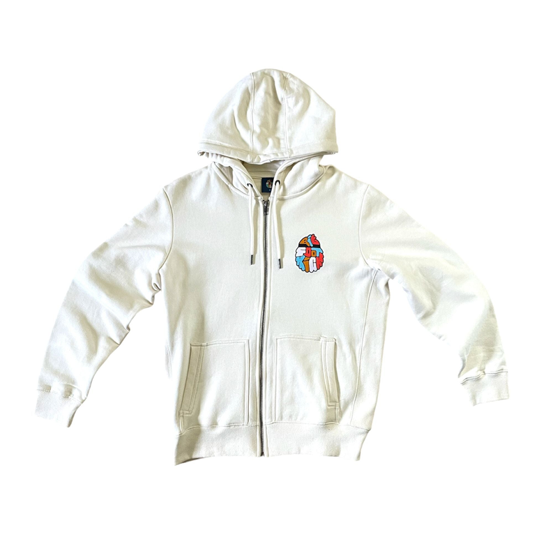 Cream zip-up hoodie with front pockets, hood, and Bigfoot chest patch