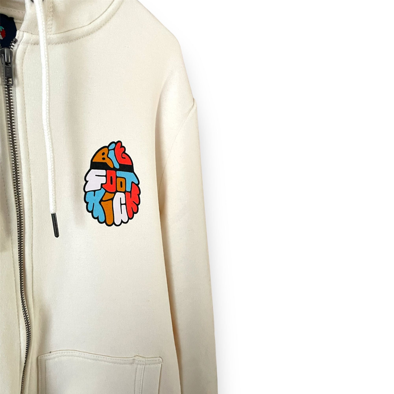 Off-white zip-up hoodie with hood and colorful bigfoot chest graphic