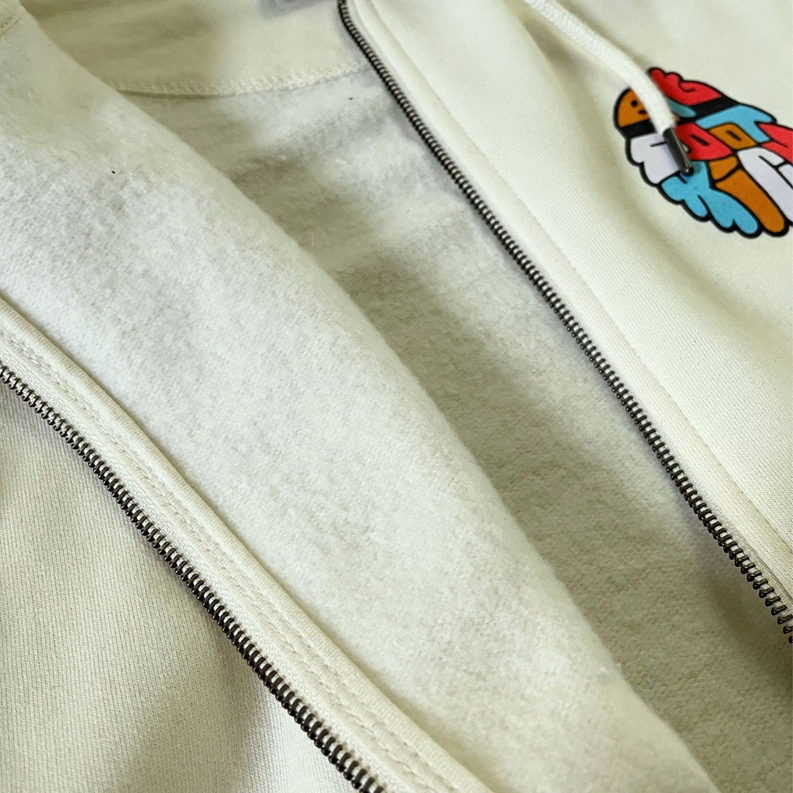 Off-white hoodie with metal zipper and stitched placket detail