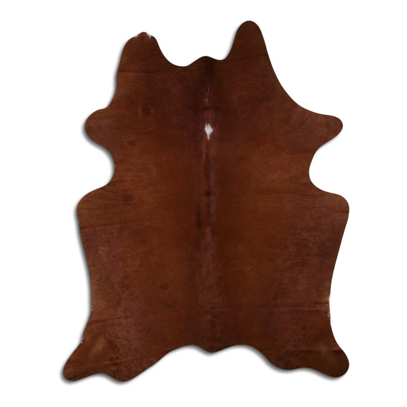 Brown cowhide rug with irregular hide shape and natural hair-on texture