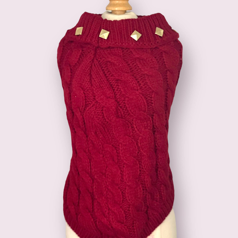 Red knit dog sweater with cable pattern and gold studded collar