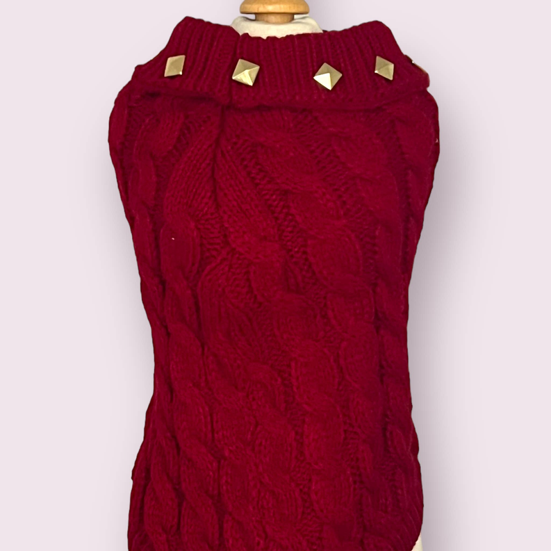 Red knit dog sweater with tall turtleneck and gold stud detail at neckline