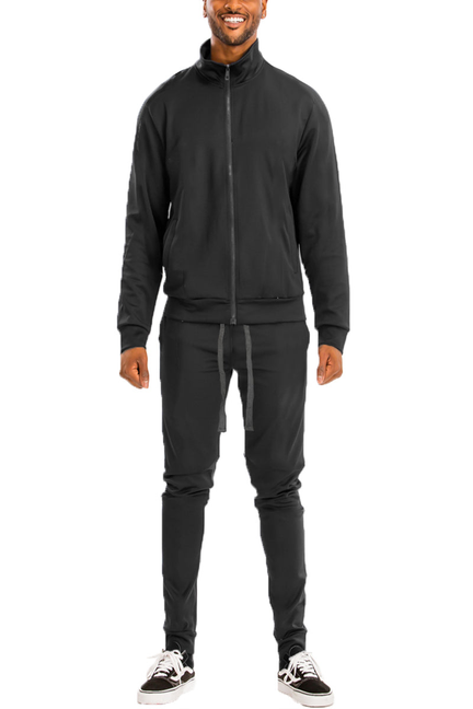 Black solid track jacket and pants set with full-zip front, long sleeves, and cuffs.