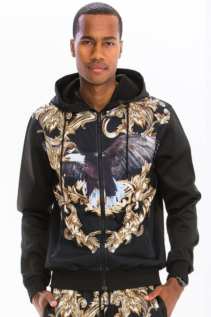 Black printed zip hoodie with hood and gold baroque design over front graphic