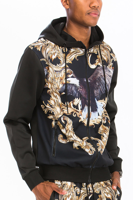 Black printed zip hoodie with hood; gold baroque pattern over front center graphic