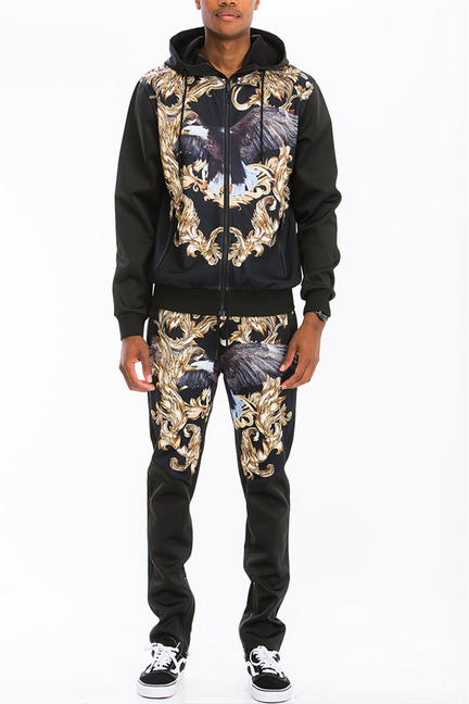 Black printed track set with zip hoodie and matching jogger pants, gold and blue graphic