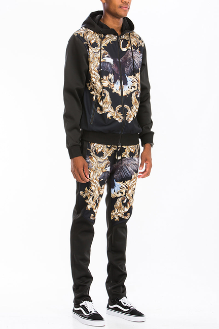 Black printed track set with zip hoodie and slim joggers, gold and blue baroque graphic
