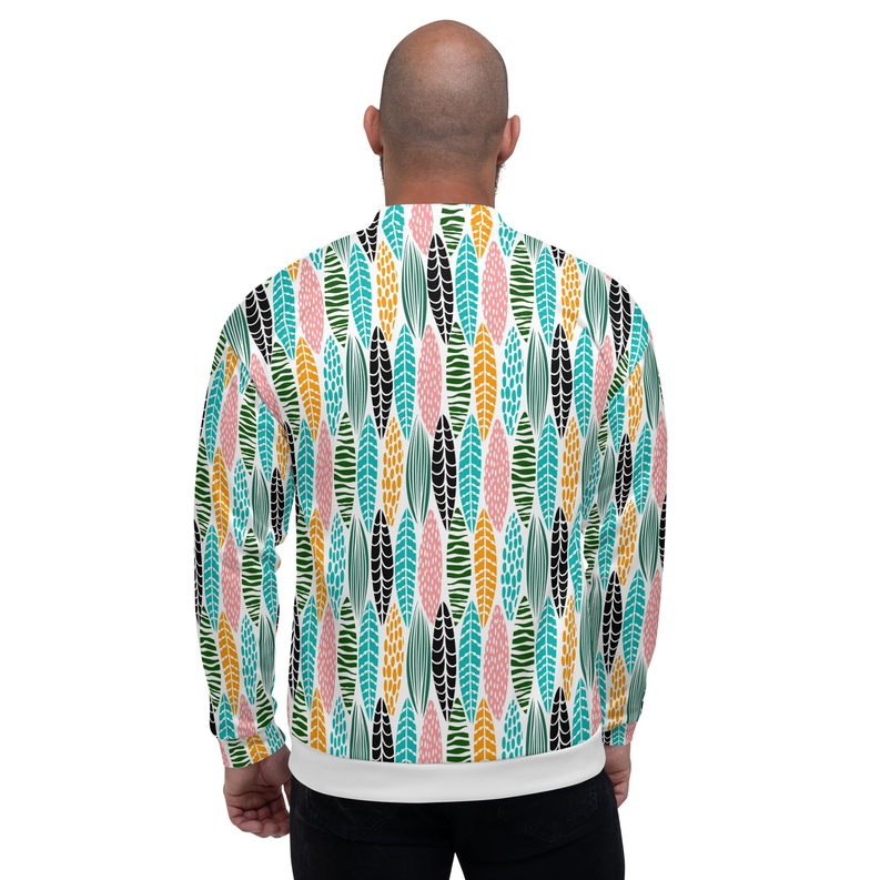 Unisex bomber jacket back view, multicolor vertical pattern, ribbed hem band and cuffs