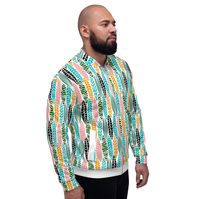 Unisex bomber jacket on model, multicolor vertical pattern, ribbed cuffs and white waistband