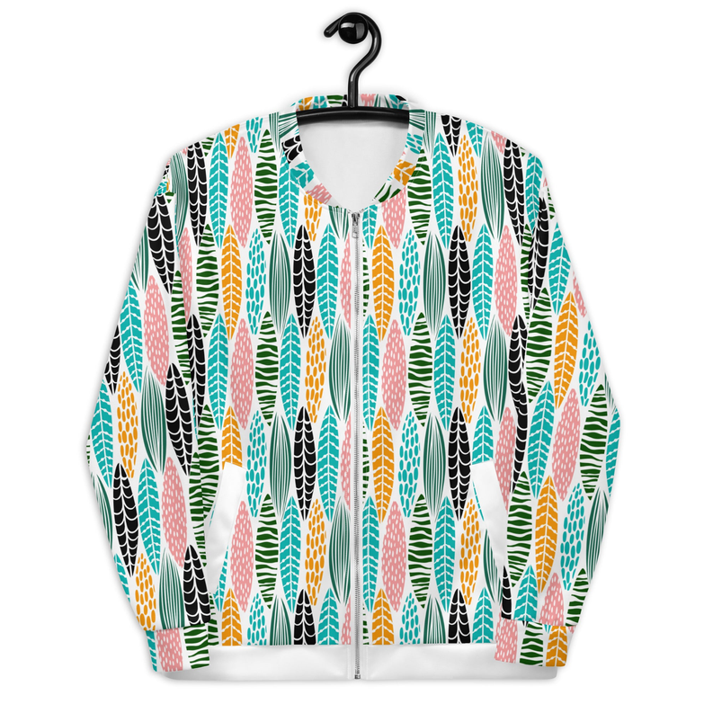 Unisex bomber jacket with multicolor vertical pattern, ribbed collar, zip front