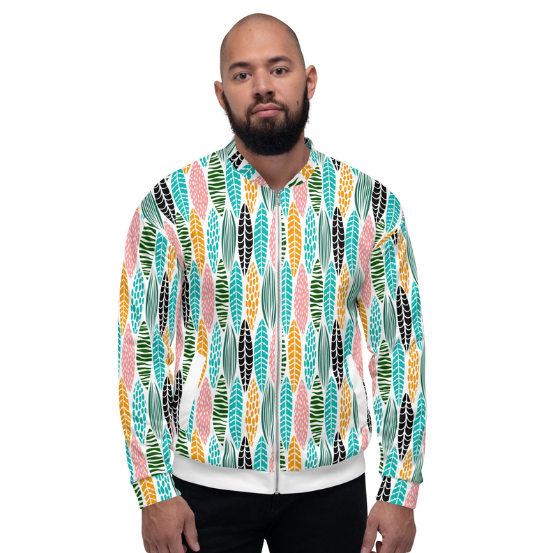 Unisex bomber jacket on model, multicolor vertical pattern, zip front and ribbed cuffs