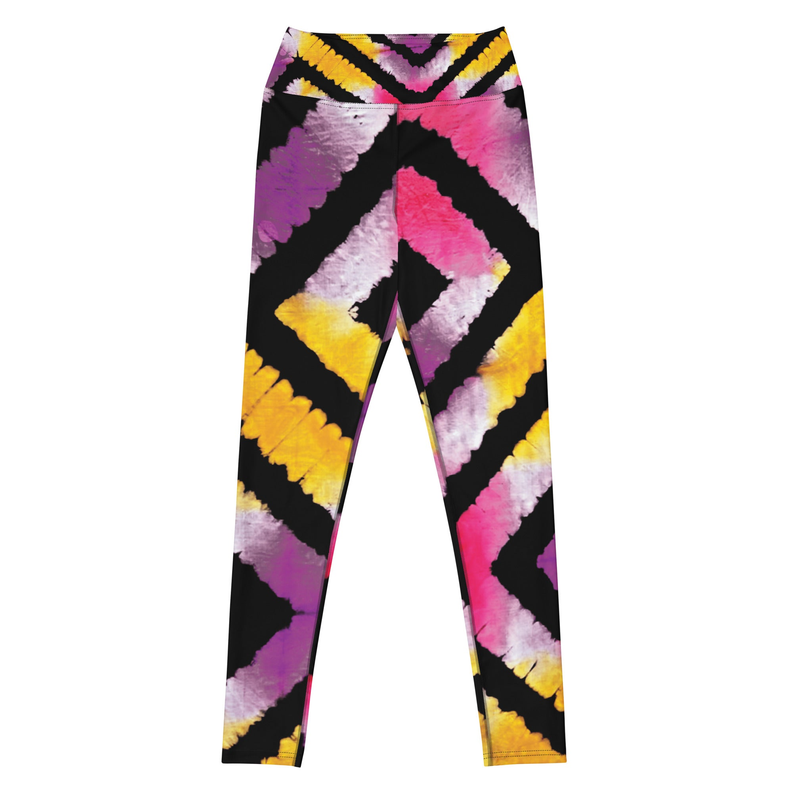 Tie-dye yoga leggings, black background with pink, purple, yellow diamond swirl pattern