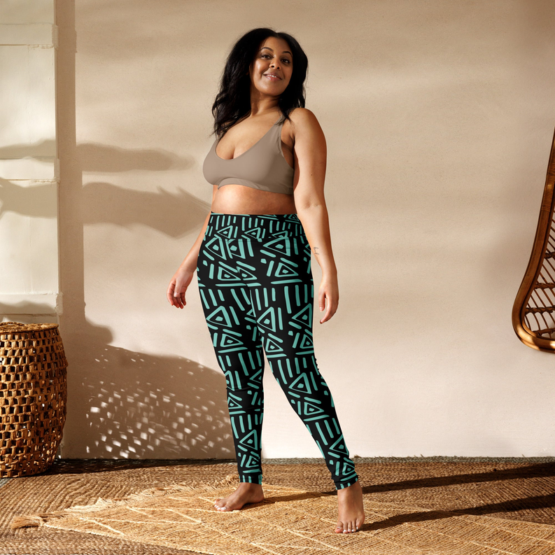 Yoga leggings with geometric teal-and-green print, high-rise waistband, ankle length