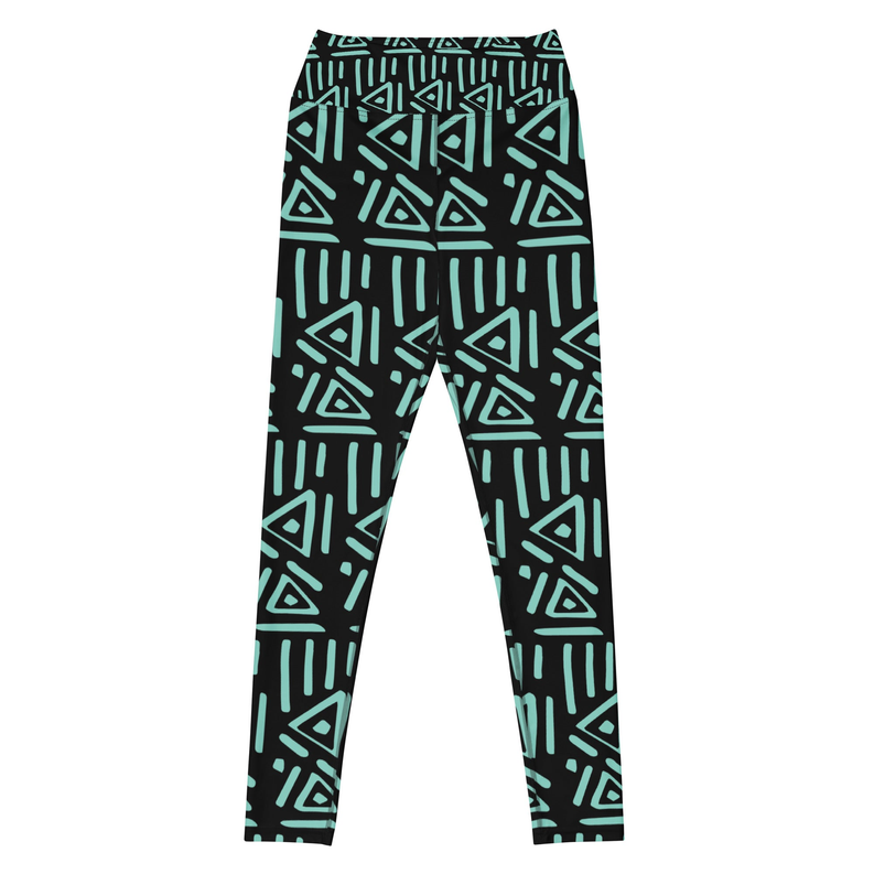 Yoga leggings with geometric teal-and-green pattern, dark base, full length