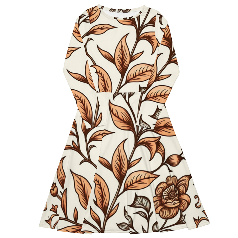 Cream leaf-print long-sleeve midi dress with round neckline and fit-and-flare skirt