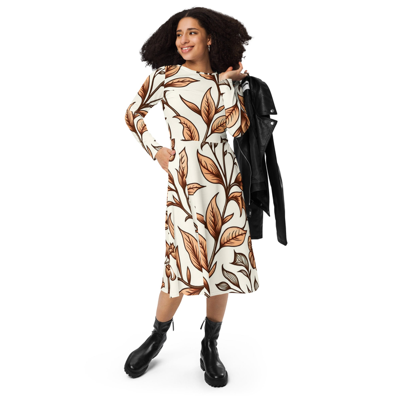 Cream leaf-print long-sleeve midi dress with round neck and flared skirt on model