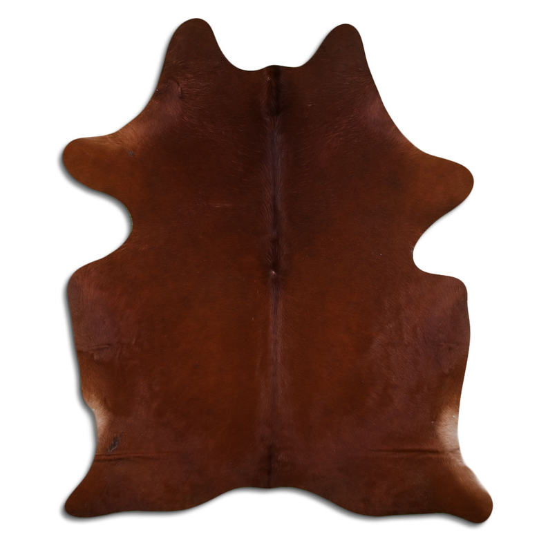 Brown hair-on cowhide rug with irregular hide shape and stitched center seam