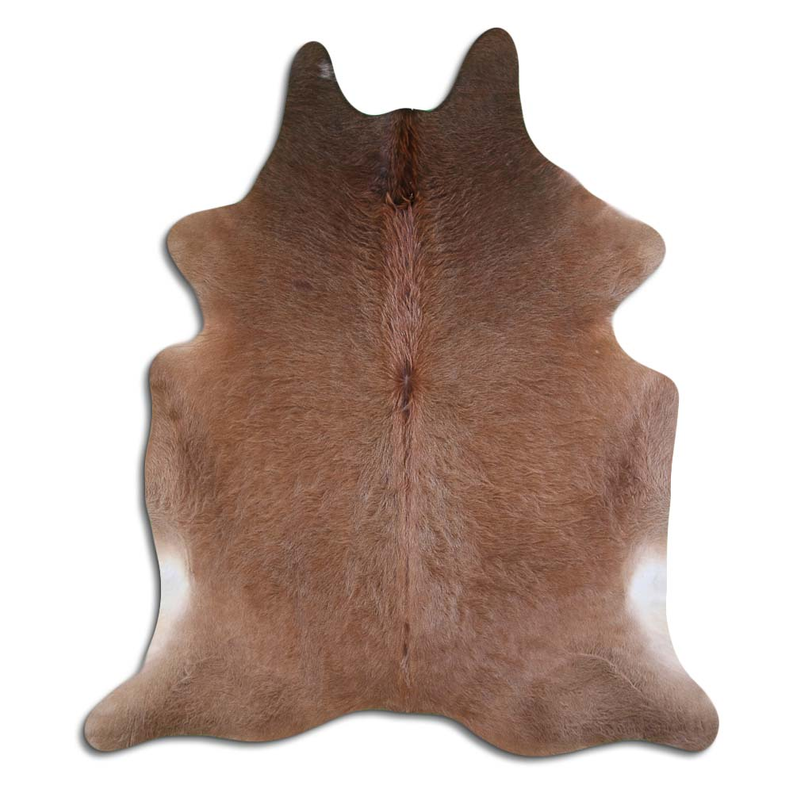 Brown cowhide rug with natural hair, irregular hide shape and four-point edges