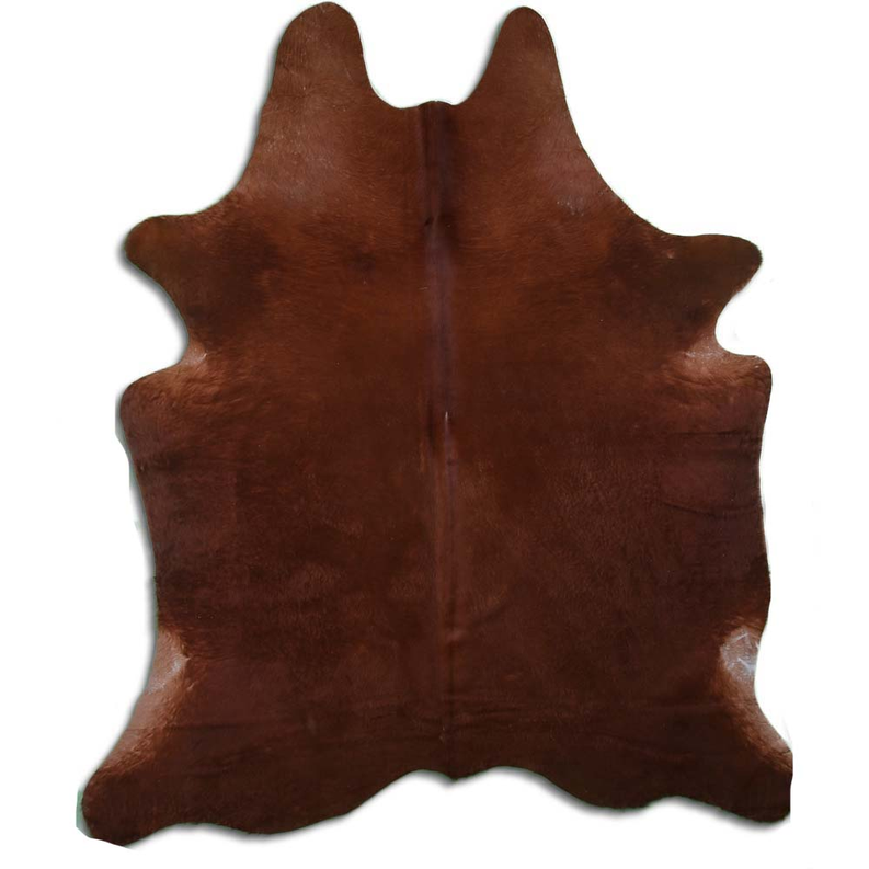 Brown cowhide rug with natural hair, irregular hide pattern and split center seam