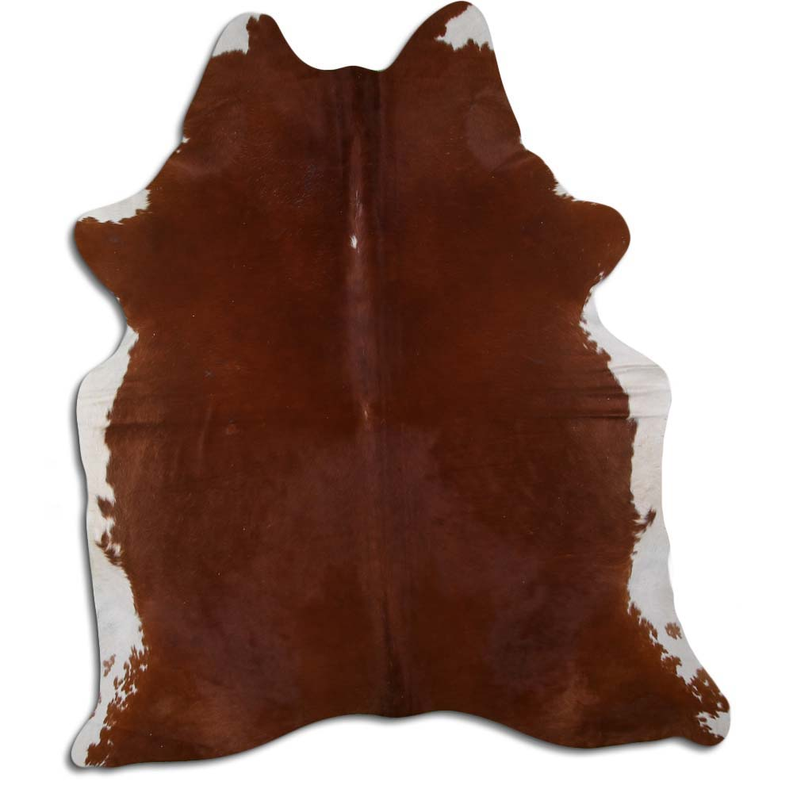 Brown cowhide rug with natural hair, irregular hide shape