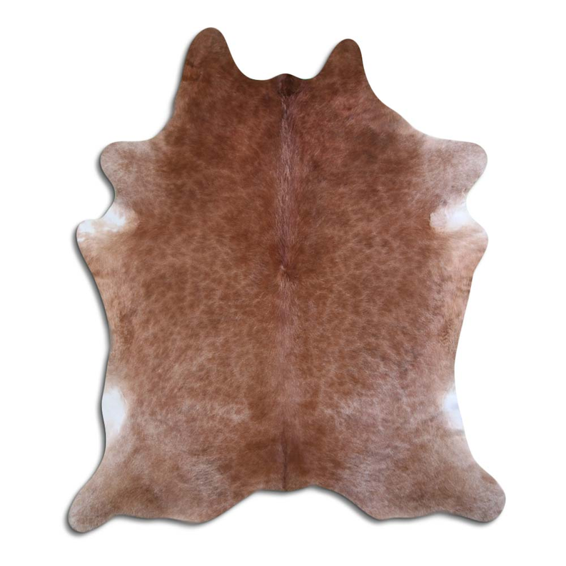 Brown cowhide rug with natural hair, irregular hide shape and light tan patches