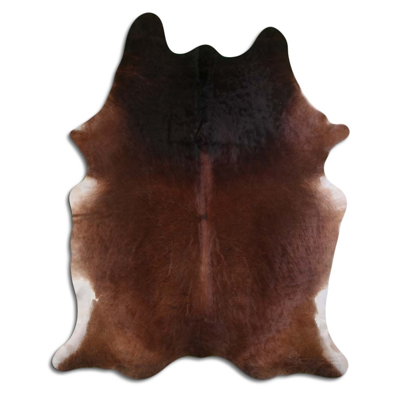 Brown natural cowhide rug with mixed dark and light hair pattern