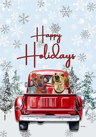 Holiday garden flag showing two dachshunds in a red truck with Happy Holidays text