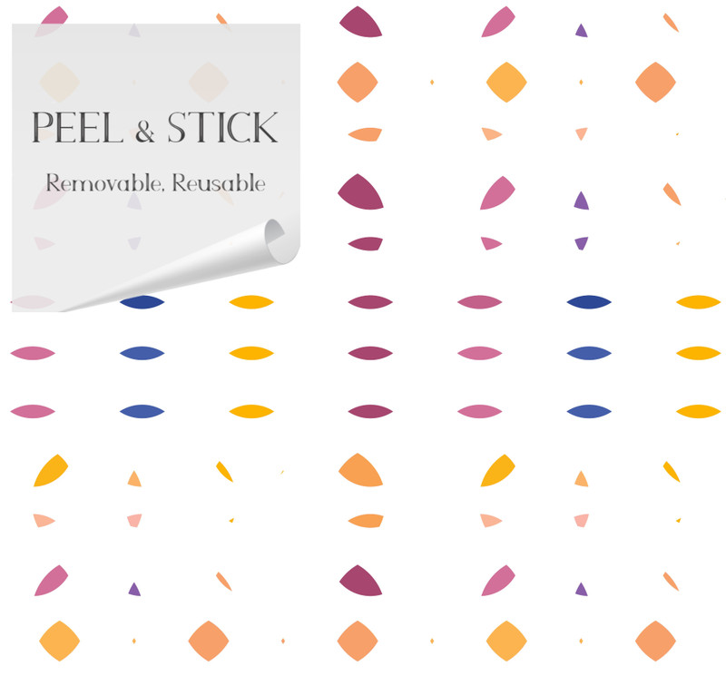 Peel-and-stick wallpaper with scattered multicolor teardrop dots on a white surface.