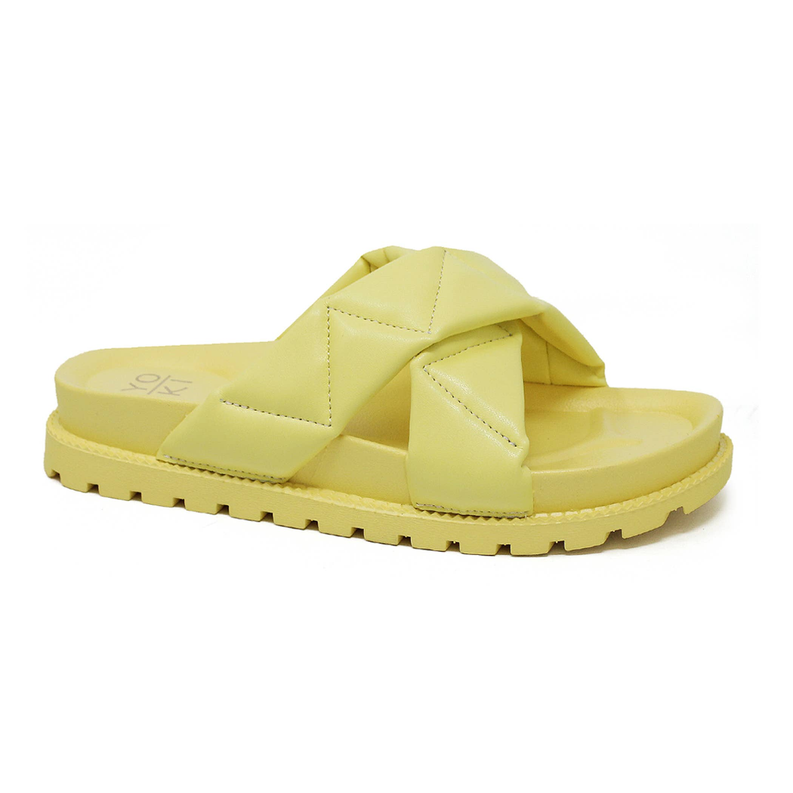 Women’s quilted upper slide sandal in yellow with padded straps and flat sole