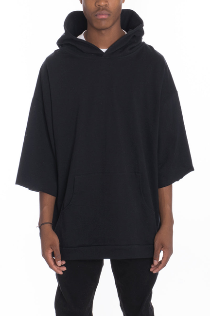 Black hooded pullover shirt with kangaroo front pocket and short sleeves