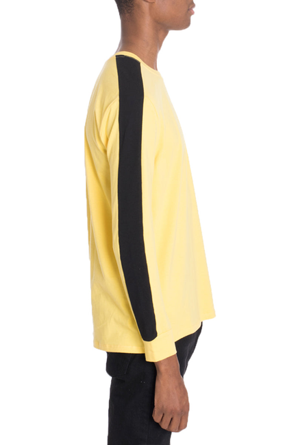 Yellow long-sleeve shirt with vertical black stripe at sleeve and side, crew neck