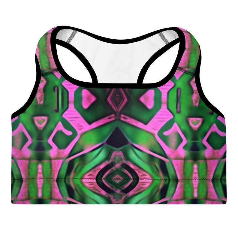 Padded sports bra with neon green and pink geometric print, black trim, wide underband