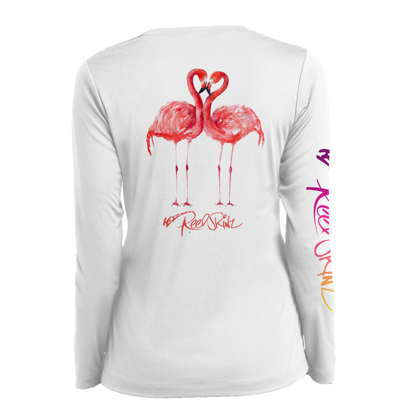 White long-sleeve T-shirt with flamingo love graphic on back and purple sleeve text