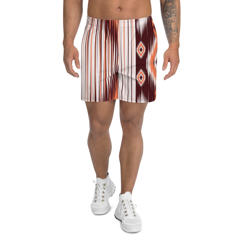 Men's striped swim shorts with Aztec diamond print and elastic waistband, front view