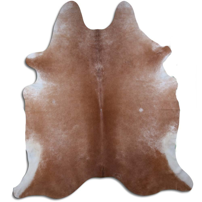 Brown cowhide rug with natural hair on hide, irregular skin shape