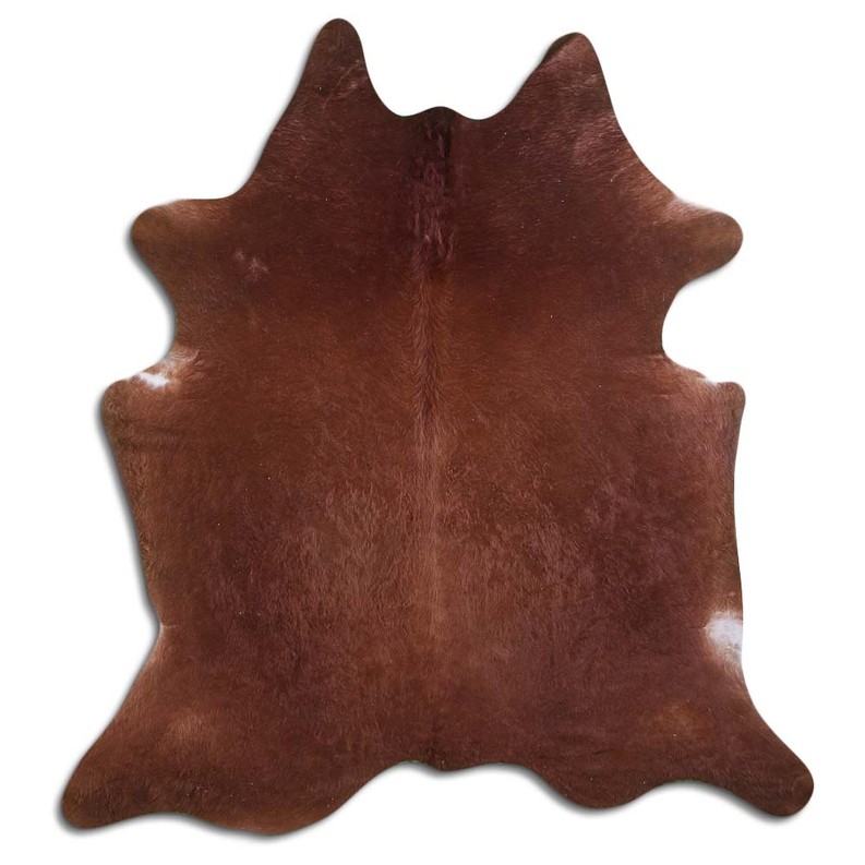 Brown natural cowhide rug with irregular cow pattern and full hair-on hide