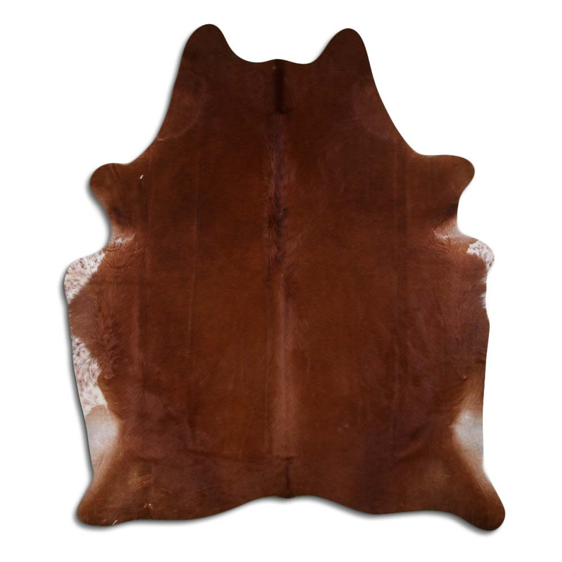Brown natural cowhide rug with visible hair, irregular hide shape