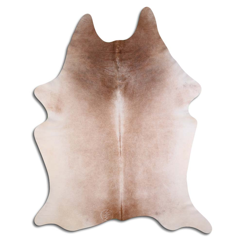Brown natural cowhide rug with mottled hair pattern and irregular hide shape