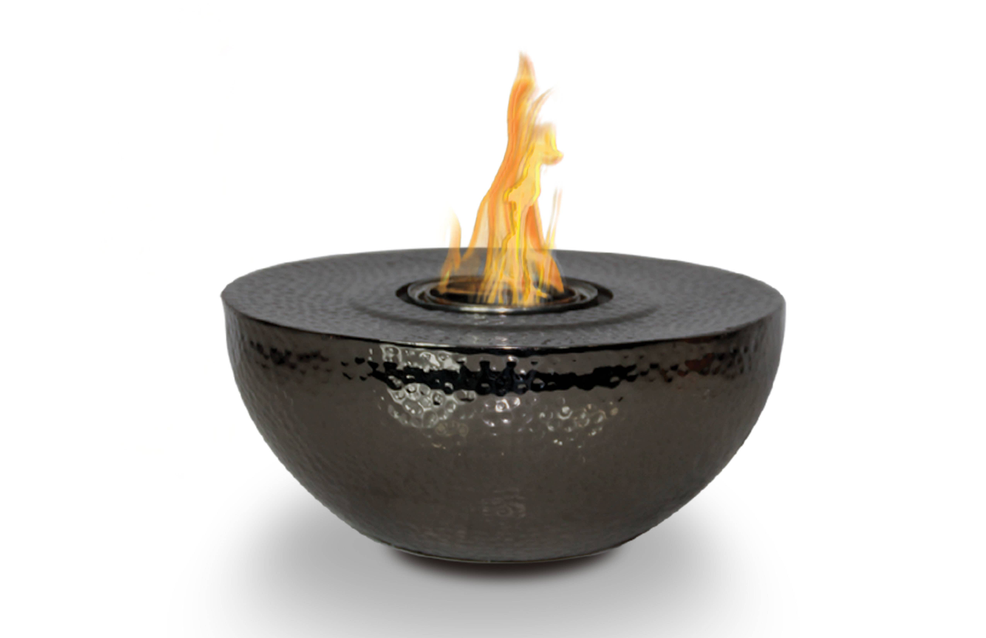 Outdoor fire bowl fireplace in dark black with open flames