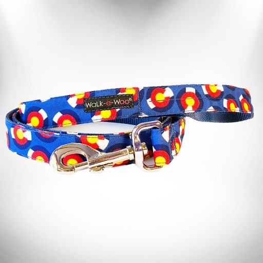 Blue patterned dog lead with metal clip and D-ring hardware