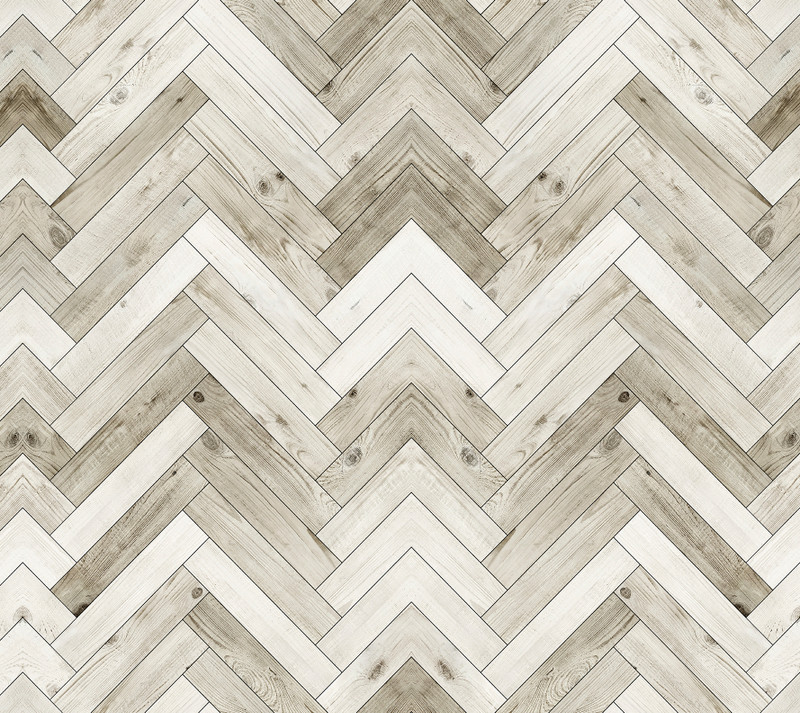 Peel-and-stick herringbone wallpaper in light gray and white woodgrain chevron pattern