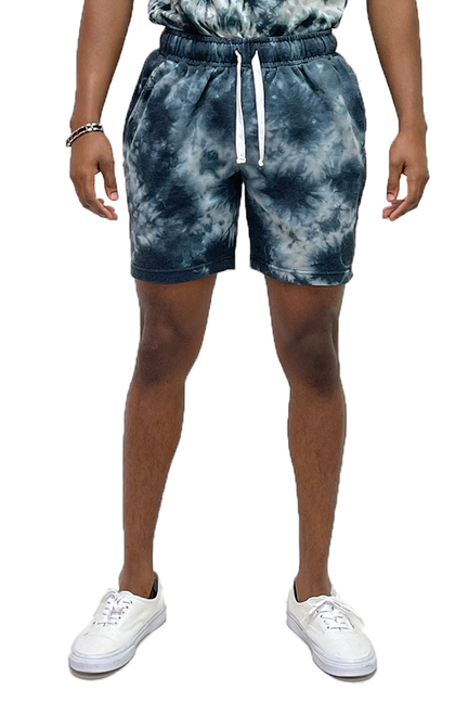 Blue splatter tie-dye drawstring shorts with elastic waist
