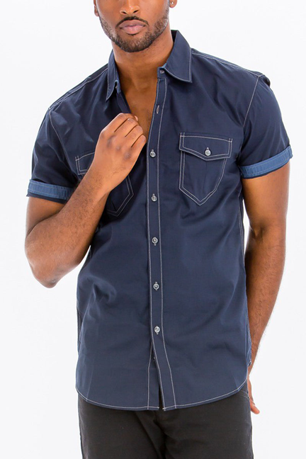 Navy outline-stitch button-up shirt with short sleeves and chest pocket