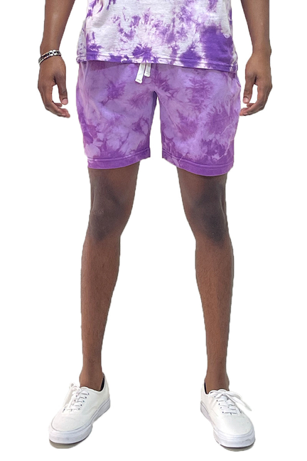 Purple splatter tie-dye shorts with drawstring waist