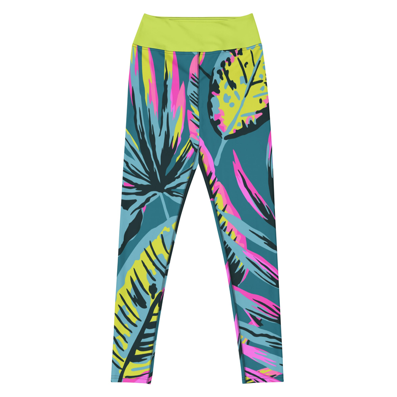 Abstract yoga leggings with neon lime waistband, teal, pink, and yellow print