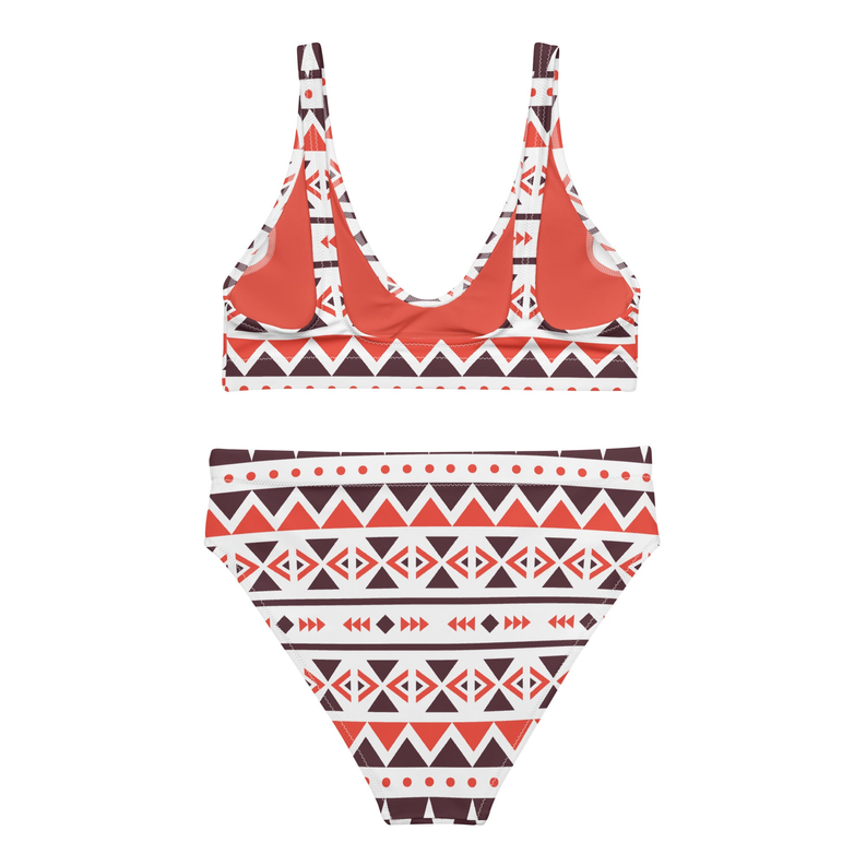 Geometric-print bikini with triangle top and high-waisted bottom, orange and brown over white.