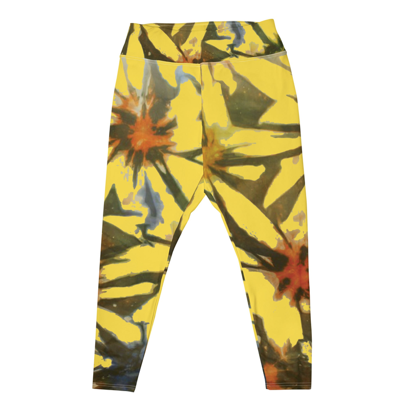 Yellow tie-dye print leggings with elastic waistband