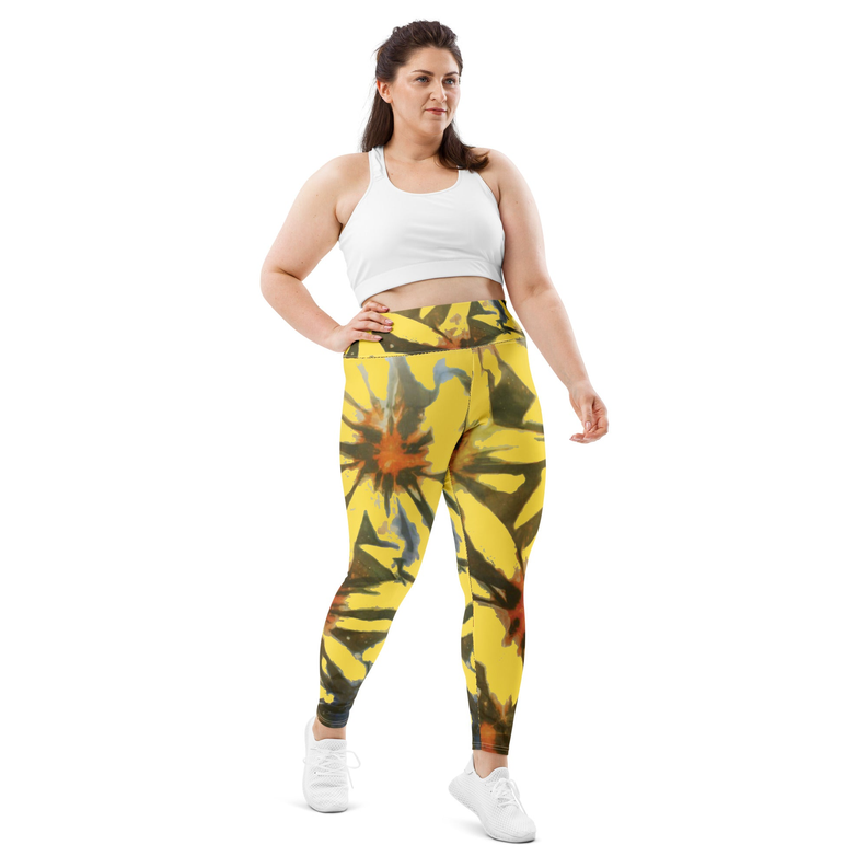Women's yellow tie-dye print leggings with elastic waistband, full length