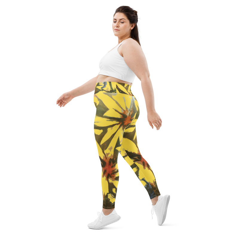 Women's yellow tie-dye print leggings, full-length with elastic waistband