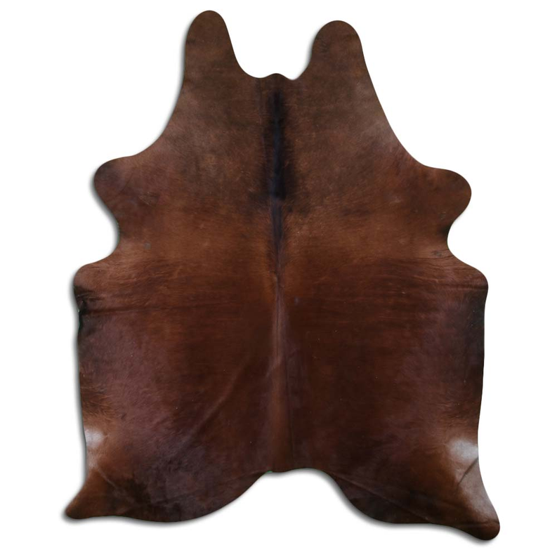 Brown cowhide rug with natural hair texture and irregular hide pattern